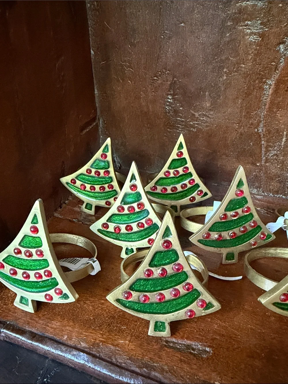 Vintage Holiday Green & Red Brass Enamel Christmas Tree Pier 1 Napkin Holders 12